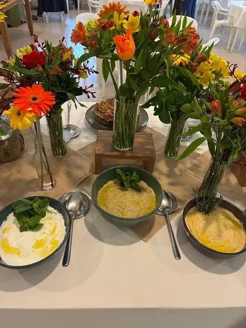 Três tigelas de pastas com azeite: coalhada com hortelã, babaganoush e homus com alecrim